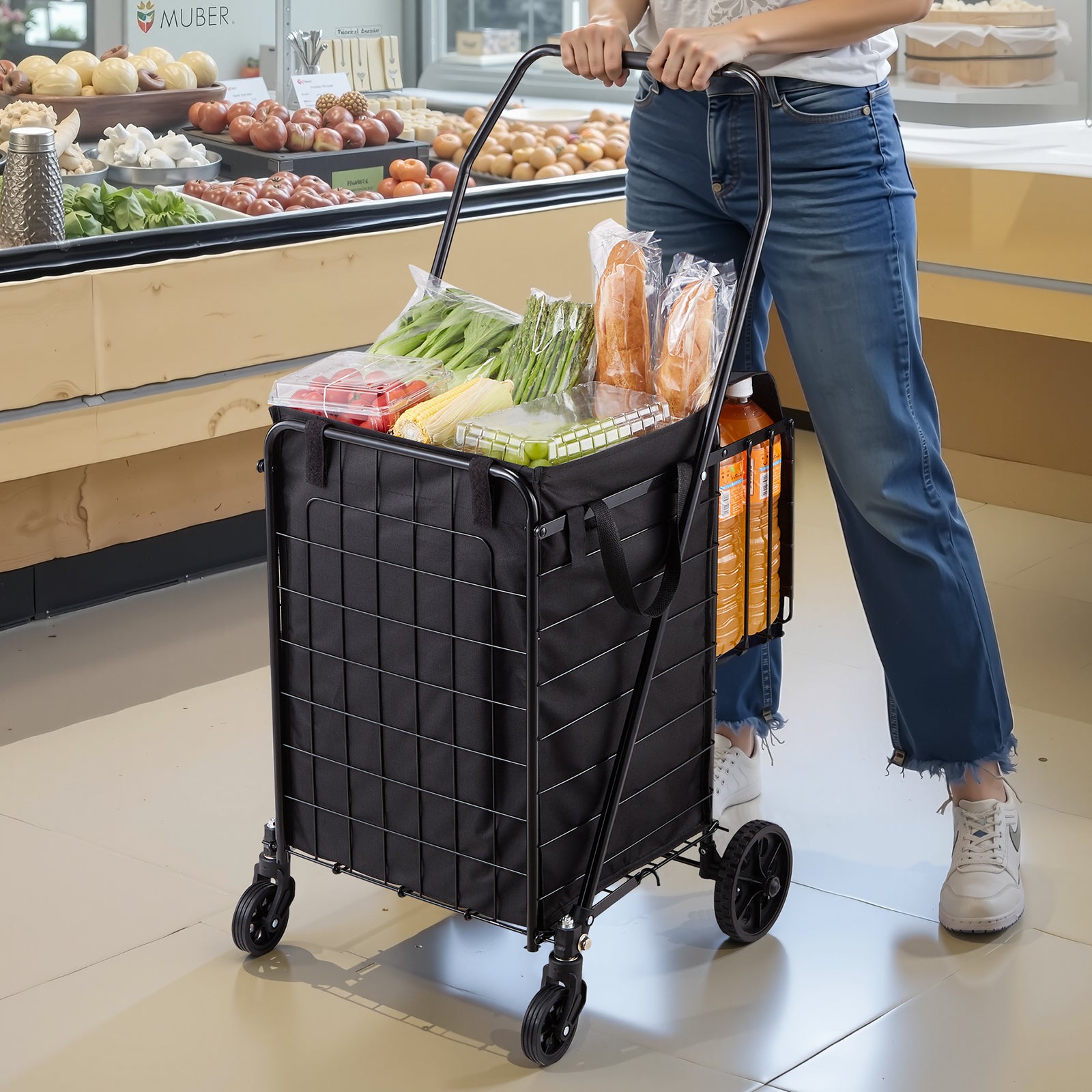 Shopping Cart, Folding Grocery Utility Cart with Dual Baskets, Waterproof Liner & Wheels, 100 LBS Large Load Capacity, Heavy Duty Laundry Basket for Laundry, Shopping, Camping, Grocery, Luggage