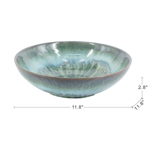 AEELLEEA 11.8-Inch Blue Green Glazed Decorative Bowl, Round Fruit and Centerpiece Bowl