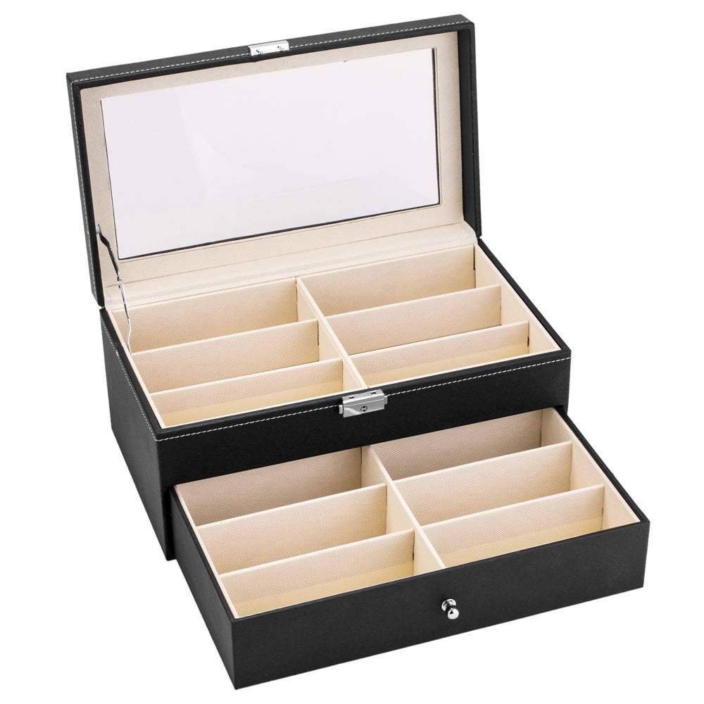 AEELLEEA-12 Piece Eyeglasses & Sunglasses Storage Organizer, Black Leather Display Drawer Case, Lockable Design, Collect & Display Multiple Glasses for Home, Shop Eyewear Collection