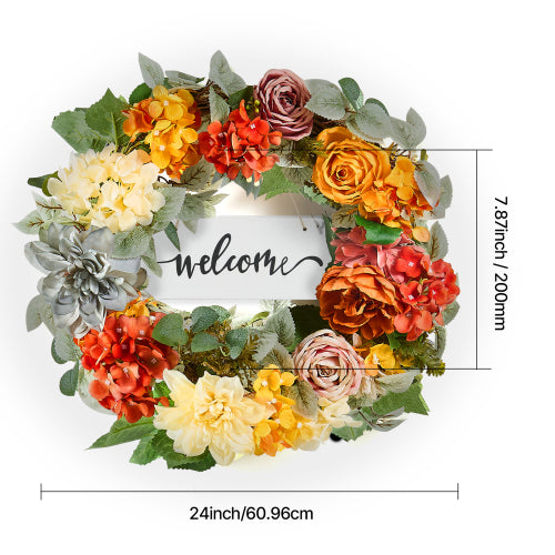 24 Inch Front Door Wreath, Red Orange Yellow Hydrangea Rose Artificial Flower Wreath with Welcome Sign for All Seasons
