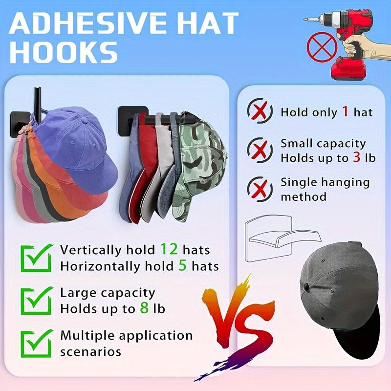 Adhesive Hat Hooks for Baseball Caps, No Drill Wall Mount Cap Holder, Hat Organizer Rack, White & Black 2 Colors