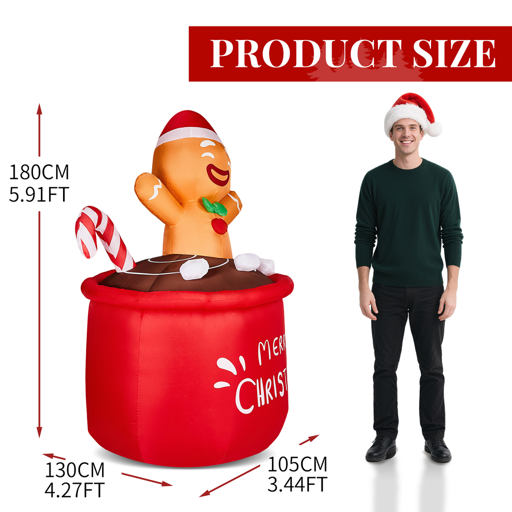 AEELLEEA-Christmas Inflatable Decoration, Gingerbread Man in Hot Cocoa Cup with Warm White LED Lights, Indoor Outdoor Holiday Yard Decor