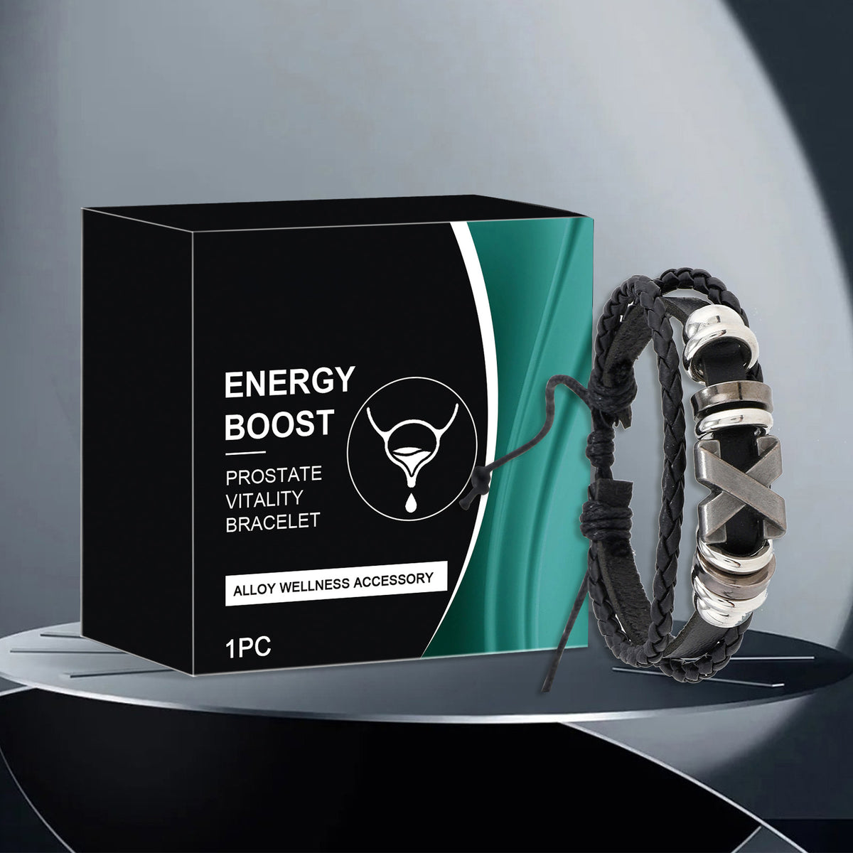 Men's Braided Adjustable Bracelet with Alloy Accent, Black and Silver Fashion Wristband