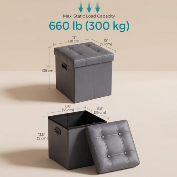 AEELLEEA 15" Folding Storage Ottoman, 11 Gal Faux Leather Footstool with Padded Seat, Gray