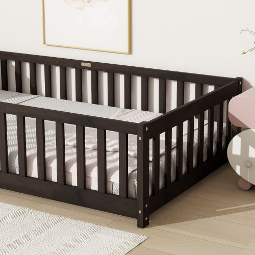 AEELLEEA Twin Size Montessori Floor Bed with Guardrails, Wooden Kids Bed Frame with Slats and Low Entry, Dark Brown