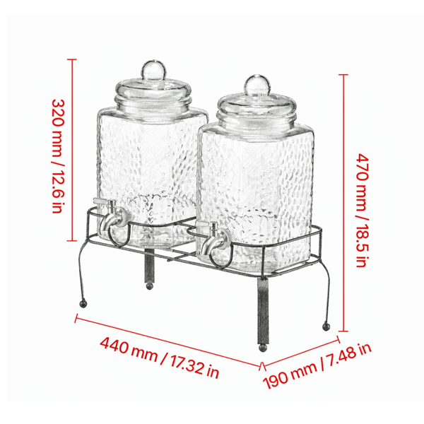 1.5-Gallon Glass Beverage Dispenser with Metal Stand and Stainless Steel Spigot, 2-Compartment Hammered Glass Drink Dispenser for Parties Weddings