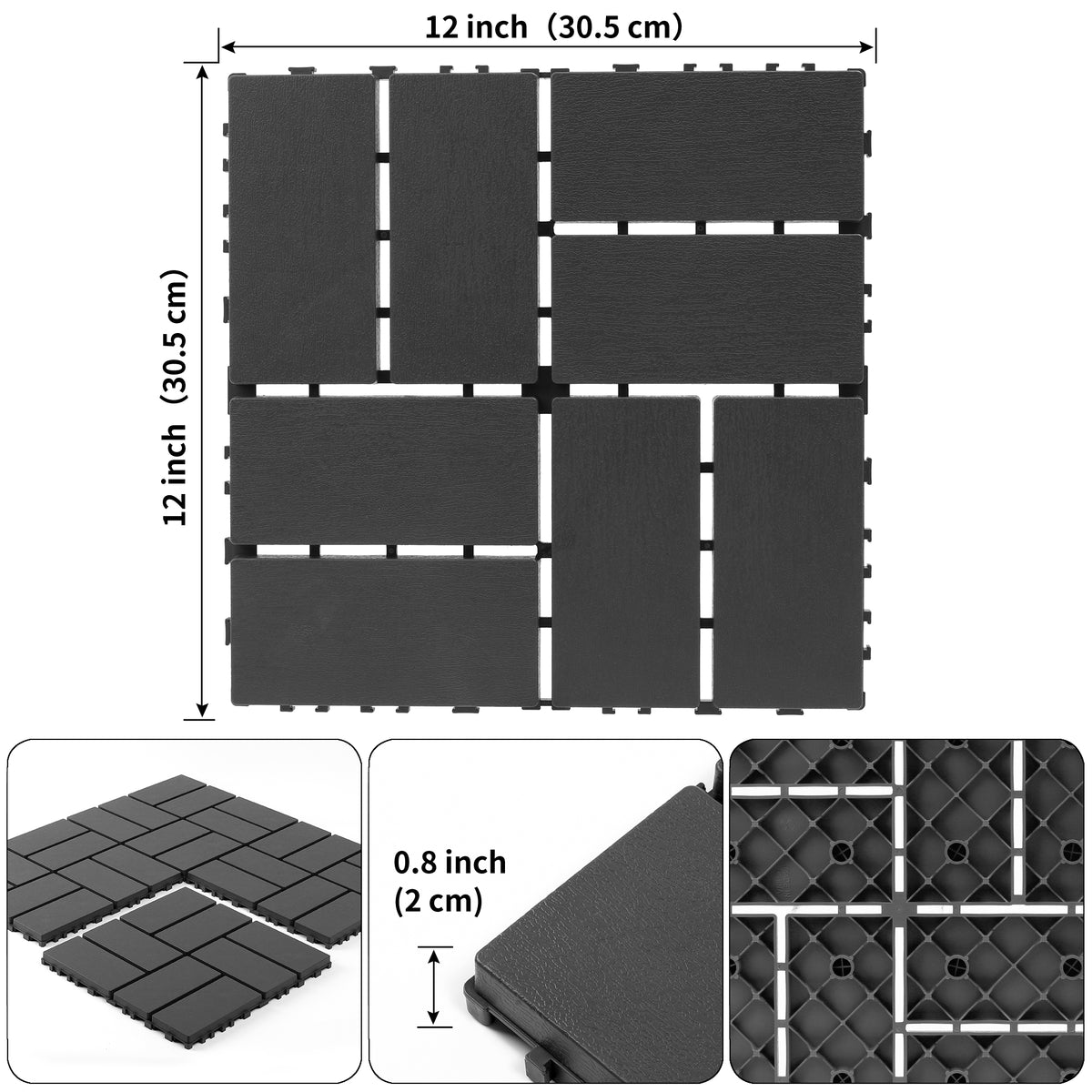 AEELLEEA 44 Pack Interlocking Plastic Deck Tiles, 12"×12" PP Patio Floor Tiles, Non-Slip Drainable Outdoor Flooring for Balcony, Poolside, Backyard