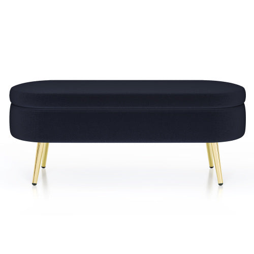 AEELLEEA 43 Inch Oval Storage Ottoman Bench, Black Textured Fabric Bench with Gold Metal Legs for Bedroom Entryway