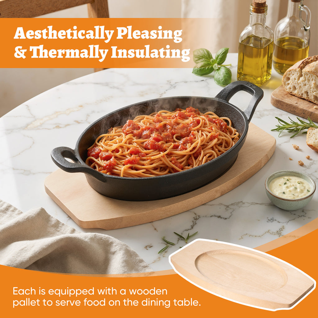 Oval Cast Iron Fajita Pan with Wooden Base, Double Handles, Individual Baking Dish for Steak, Casserole, Bakeware Set, Available in 2 Pack & 4 Pack
