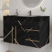 Black Marble Bathroom Vanity with Sink, Modern Freestanding Cabinet, Black Marble Top with White Basin, Doors and 2 Drawers, Gold Handles