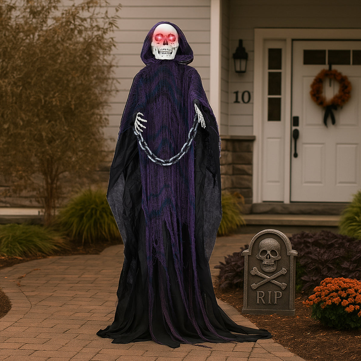 Halloween Decoration 6FT Animated Grim Reaper  – Sound-Activated with Glowing Red Eyes, Moving Head & Hands, Horror Voice & Scream, Battery-Powered for Indoor/Outdoor Yard, Haunted House. Does Not Contain Batteries.