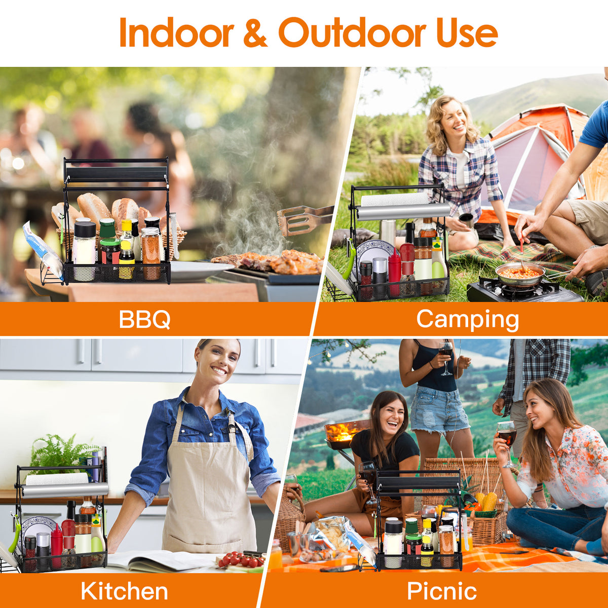 AEELLEEA Portable Metal BBQ Grill Caddy with Paper Towel Holder, Hooks & Storage Basket for Camping Picnic