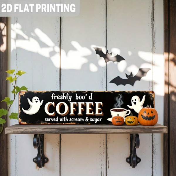 Halloween Metal Tin Sign, Funny "Boo'd Coffee" Ghost Pumpkin Wall Decor for Home Coffee Bar Party, 3.93×15.74 Inch