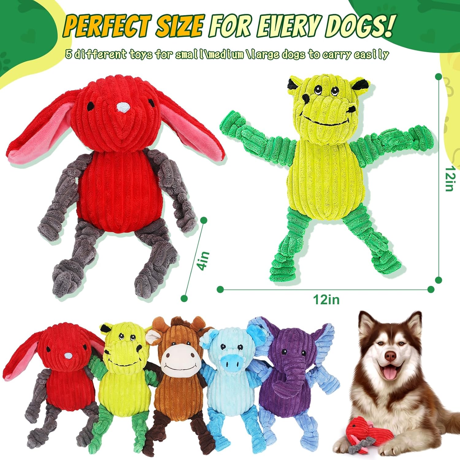 5 Pack Large Plush Squeaky Dog Toys, Funny Stuffed Animal Tough Dog Toys Assortment, Interactive Chew Toy to Keep Them Busy, Pet Dog Toy Bundle for Small Medium Large Dogs