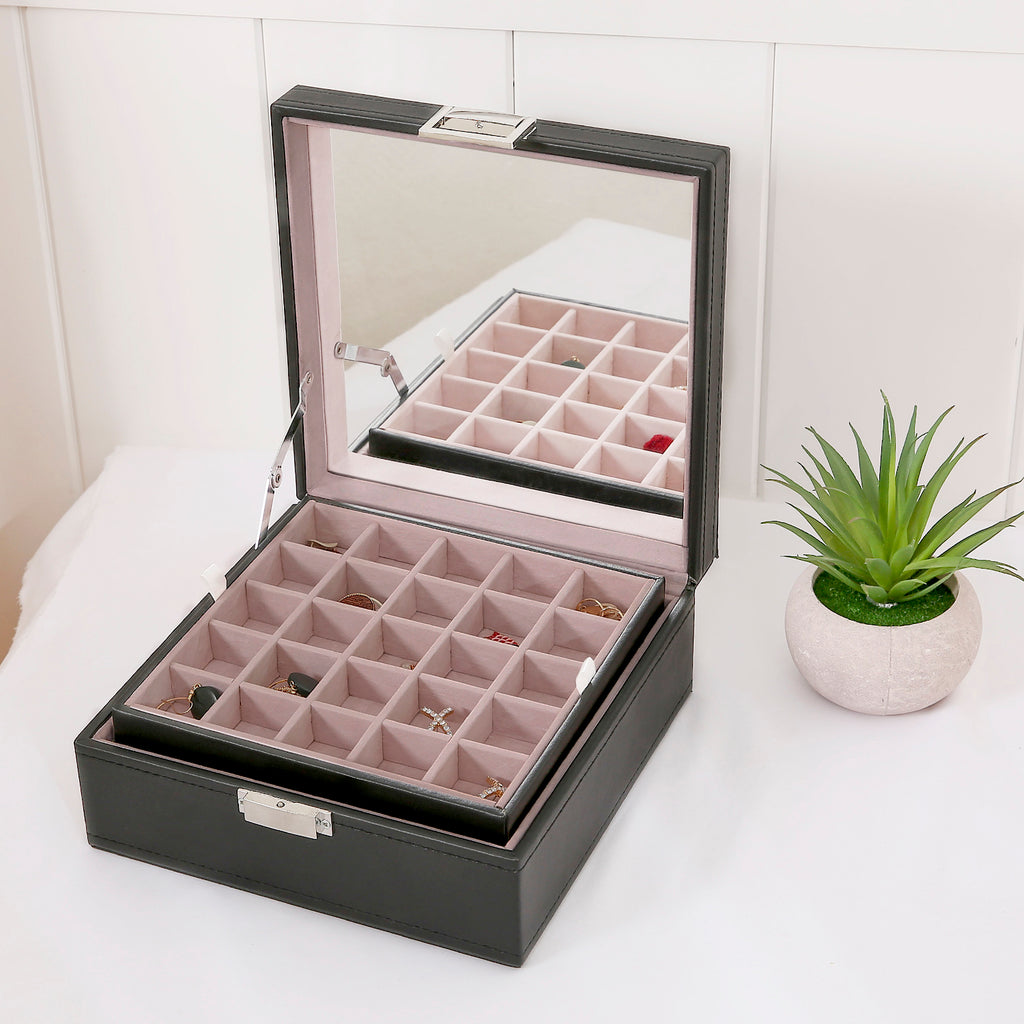 AEELLEEA-50 Slot Black Jewelry Organizer Box with Large Mirror, Earring Storage Case for Necklaces, Earrings & Bracelets