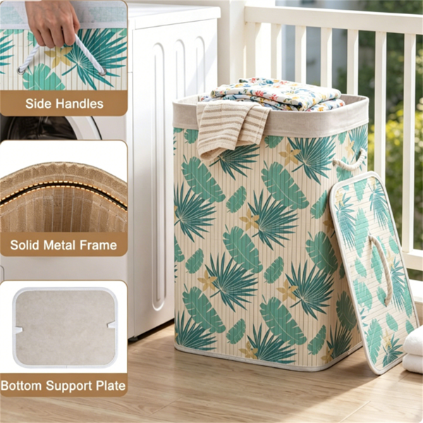 Laundry Hamper with Lid, 19 Gallon Collapsible Clothes Basket with Removable Washable Liner, Tropical Leaf Print Fabric with Side Handles for Bedroom Bathroom