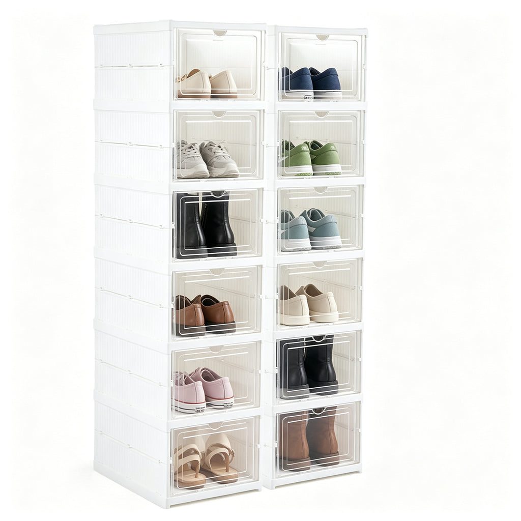 AEELLEEA 6-Tier Folding Shoe Storage Box, Magnetic Clear Door Shoe Organizer, Ventilated PP Shoe Cabinet for Entryway