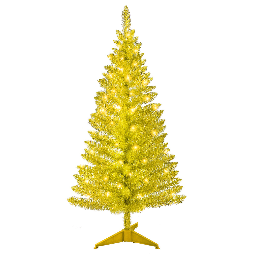 4 FT Gold Christmas Tree with 50 Pre-Strung UL Lights, 122 Tips Hinged Artificial Holiday Tree with Plastic Stand for Indoor Home Decor.