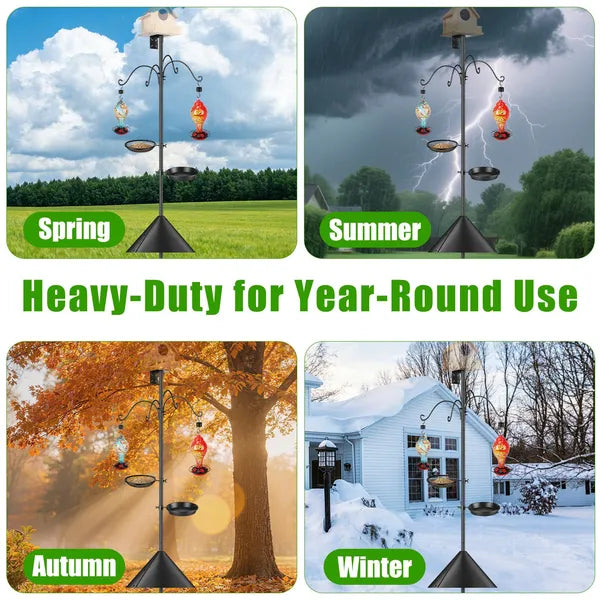 Aeelleea 94 Inch Squirrel Proof Bird Feeder Pole, Heavy Duty Bird Station, 5 Adjustable Heights, 4 Shepherd Hooks for Backyard Outdoor Bird Feeding