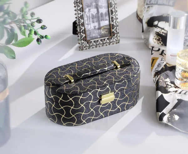 Aeelleea Black Jewelry Box with Gold Swirl Pattern, 9.5 Inch Faux Leather Jewelry Storage Case with Built-in Mirror for Rings Earrings Necklaces