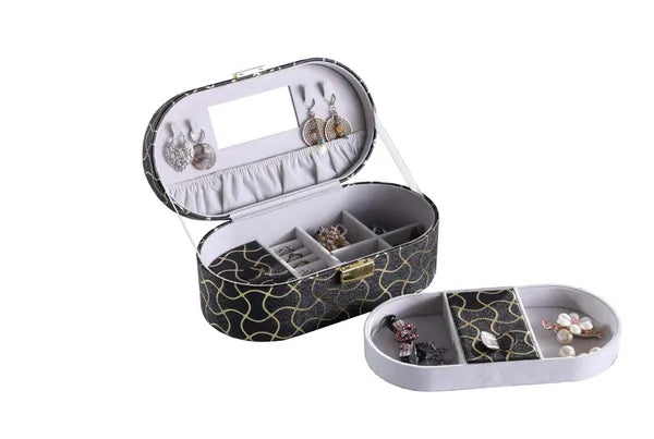 Aeelleea Black Jewelry Box with Gold Swirl Pattern, 9.5 Inch Faux Leather Jewelry Storage Case with Built-in Mirror for Rings Earrings Necklaces