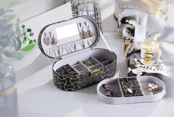 Aeelleea Black Jewelry Box with Gold Swirl Pattern, 9.5 Inch Faux Leather Jewelry Storage Case with Built-in Mirror for Rings Earrings Necklaces