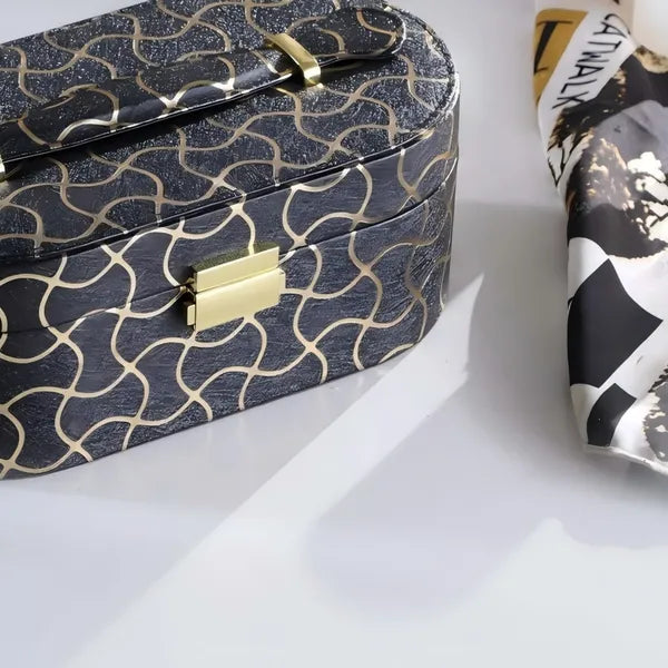 Aeelleea Black Jewelry Box with Gold Swirl Pattern, 9.5 Inch Faux Leather Jewelry Storage Case with Built-in Mirror for Rings Earrings Necklaces