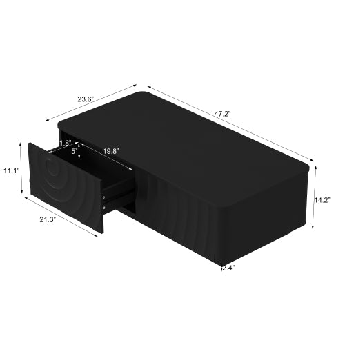 AEELLEEA Modern Black Coffee Table with Storage Drawer, 47.2" Rectangular Living Room Table with Wave Pattern Design