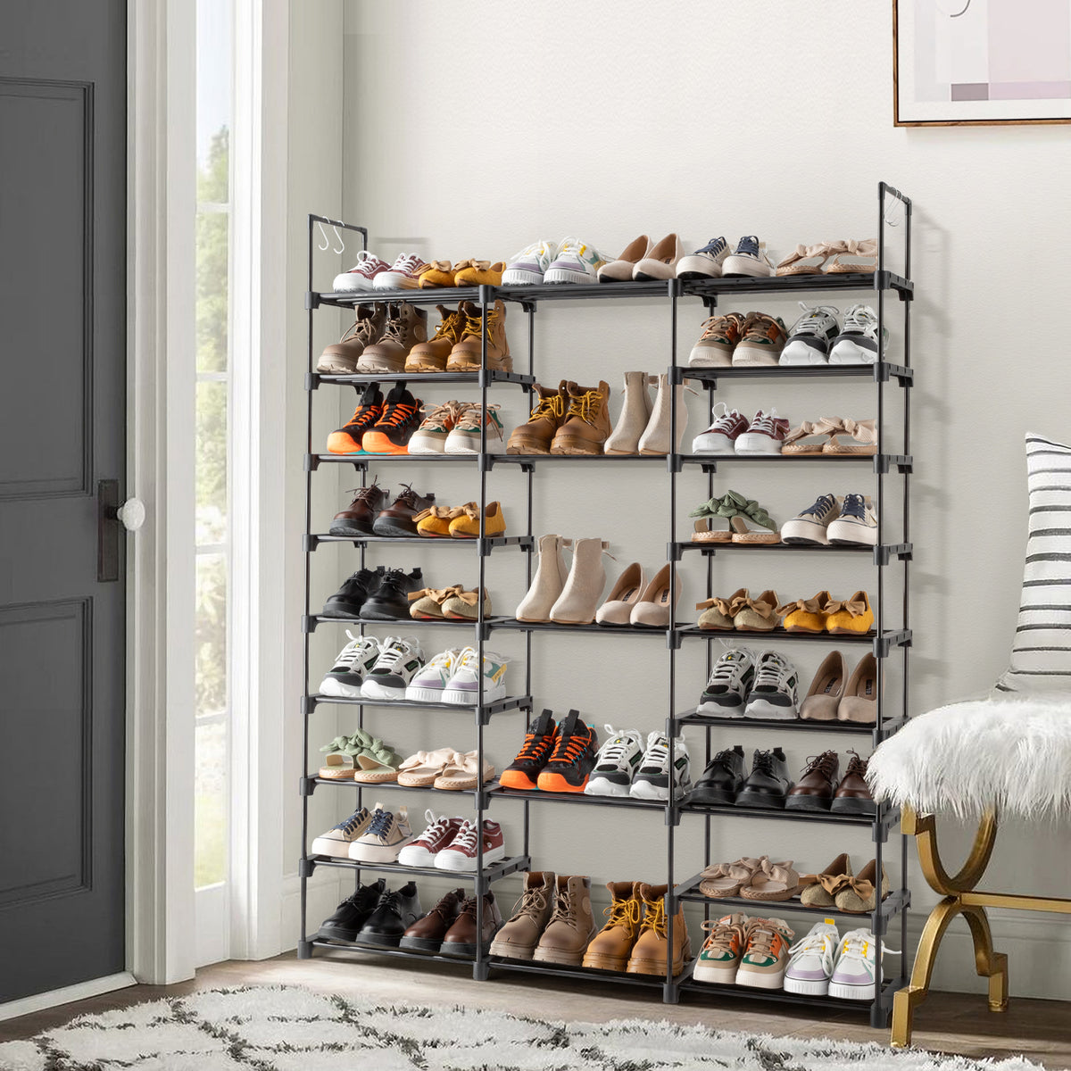 AEELLEEA- 9-Tier Freestanding Shoe Rack Organizer, Large Storage Holds 50-55 Pairs, Adjustable Height Metal Shoe Shelf with Hooks