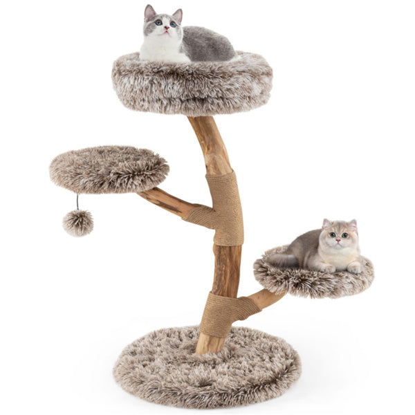 AEELLEEA 35.5-Inch Natural Wood Cat Tree with Plush Perches, Sisal Scratching Posts and Hanging Pom-Pom Toy