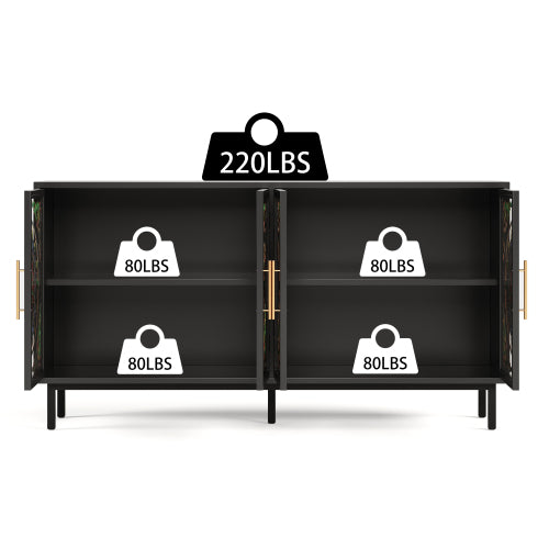 60" Stained Glass Sideboard Cabinet, Black Metal Storage with 4 Doors Gold Handles, Boho Buffet Cabinet for Living Room Dining Room