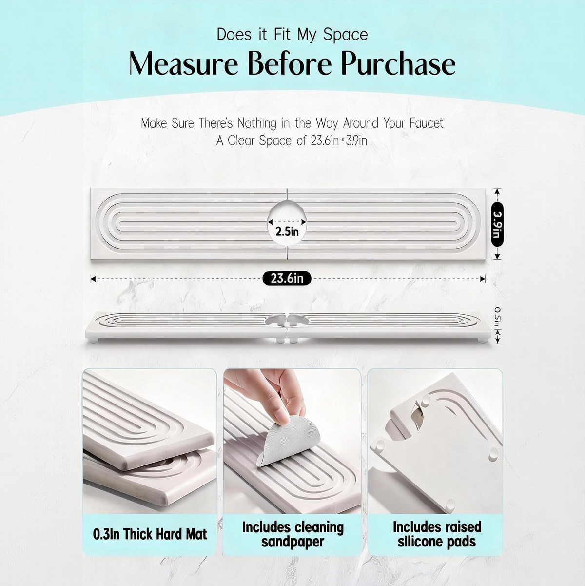 AEELLEEA 23.6" Diatomaceous Earth Sink Faucet Mat, Quick Dry Split Sink Splash Guard Mat for Bathroom Kitchen Countertop