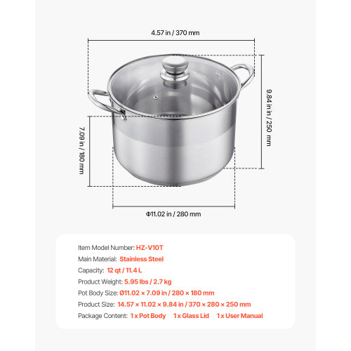 12 Quart Stainless Steel Stock Pot with Glass Lid, 11.4 L Soup Pot Induction Compatible for Gas Electric Ceramic Cooktop