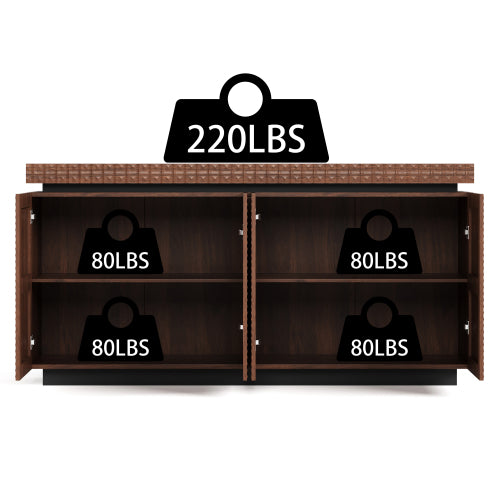 AEELLEEA Modern Walnut Brown Sideboard Buffet Cabinet with 4 Doors, 3D Geometric Textured Storage Cabinet for Dining Room