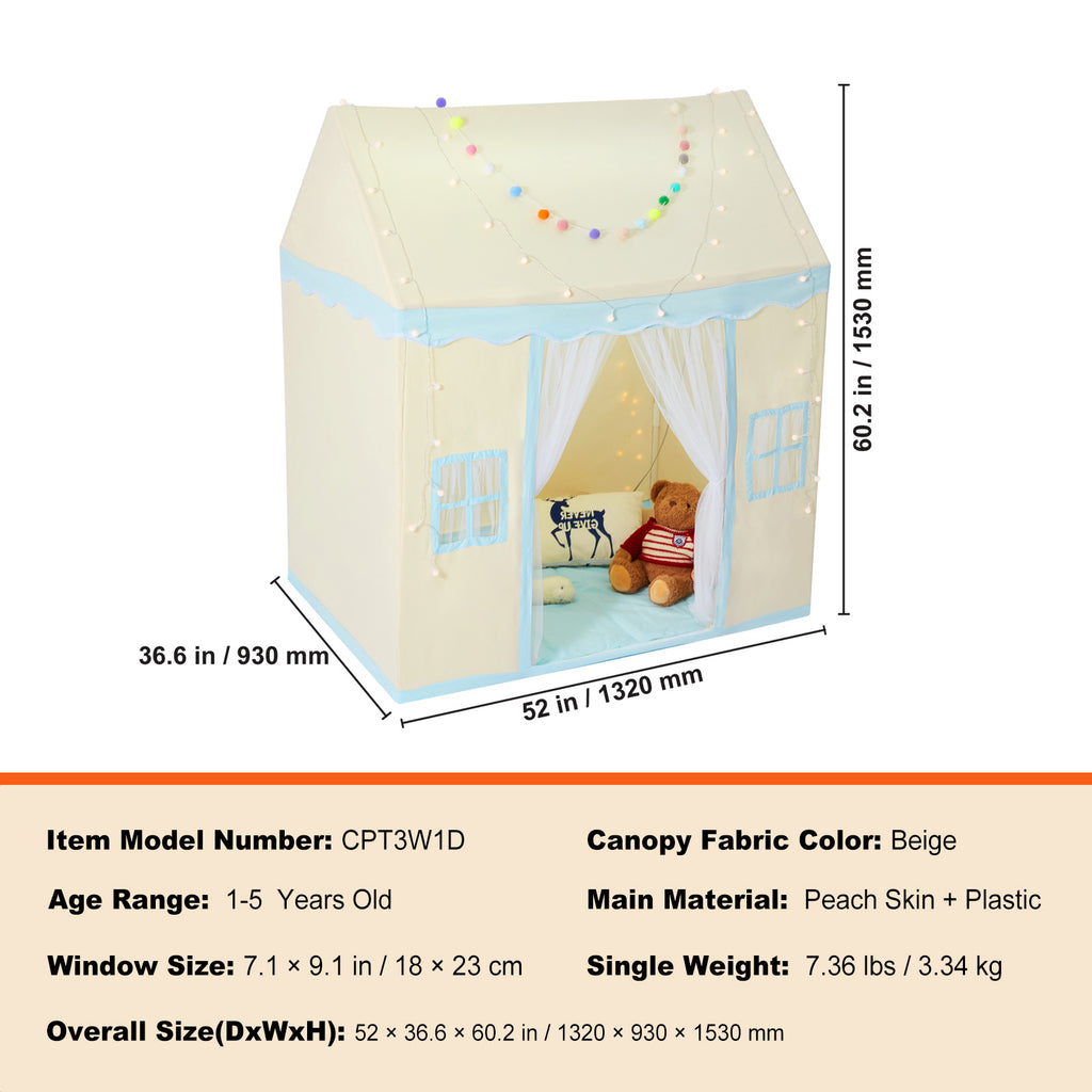 AEELLEEA Beige Kids Play Tent for 1-5Y, Indoor Outdoor Toddler Tent with Damp-Proof Mat & Lamp, Window for Boys Girls