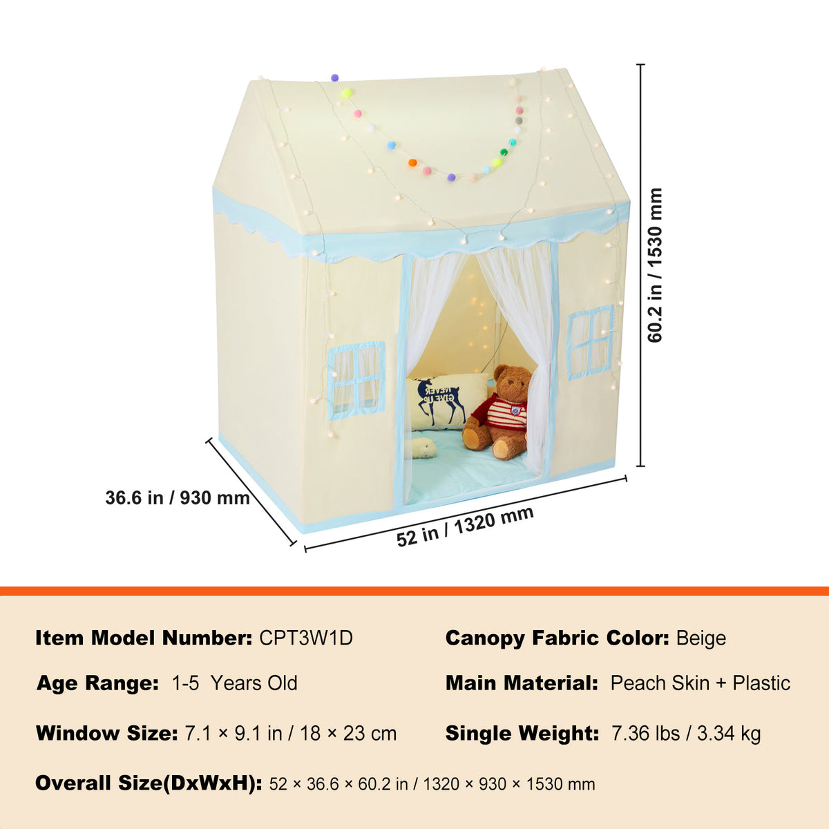 AEELLEEA Beige Kids Play Tent for 1-5Y, Indoor Outdoor Toddler Tent with Damp-Proof Mat & Lamp, Window for Boys Girls