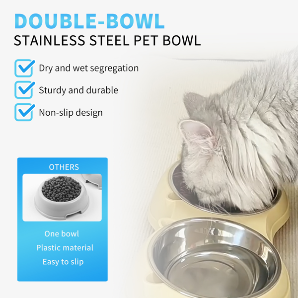 15° Tilted Double Stainless Steel Pet Bowls for Cats & Small Dogs, Non-Slip Food & Water Feeder - Beige