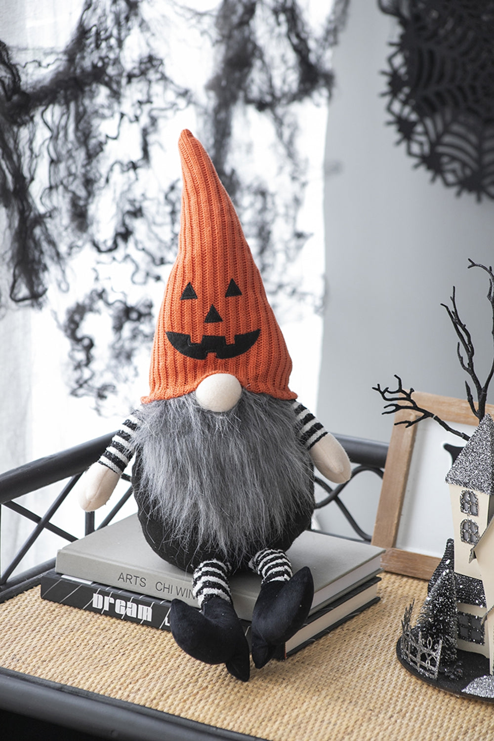 Halloween Gnome Decor, 23.5 Inch Fabric Sitting Plush Gnome with Orange Pumpkin Knit Hat, Black Striped Legs Farmhouse Tabletop Ornament for Holiday Home Party Decoration