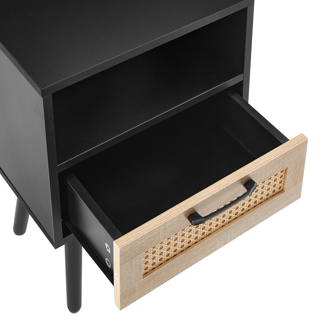 AEELLEEA- Black Rectangle Side Table, MDF Frame with Solid Wood Legs & Rattan Accent, 120 lbs Weight Capacity