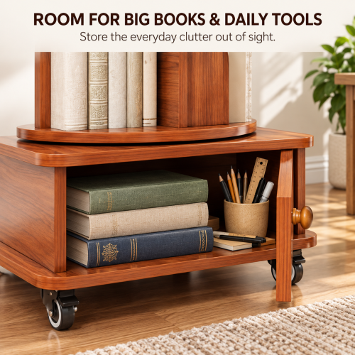AEELLEEA 6-Tier 360° Rotating Bookshelf with Wheels & Storage Drawer, Wood Corner Bookcase Organizer for Bedroom Living Room Study, Walnut Brown