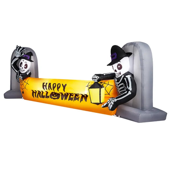 9.6FT Halloween Inflatable Skeleton Tombstone Banner, Built-in LED Lights Outdoor Yard Lawn Halloween Party Decor