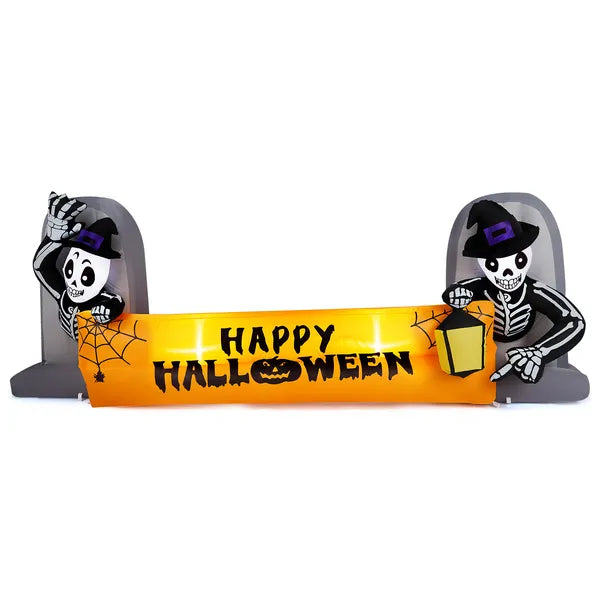 9.6FT Halloween Inflatable Skeleton Tombstone Banner, Built-in LED Lights Outdoor Yard Lawn Halloween Party Decor