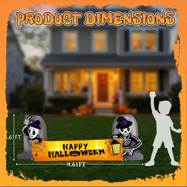 9.6FT Halloween Inflatable Skeleton Tombstone Banner, Built-in LED Lights Outdoor Yard Lawn Halloween Party Decor