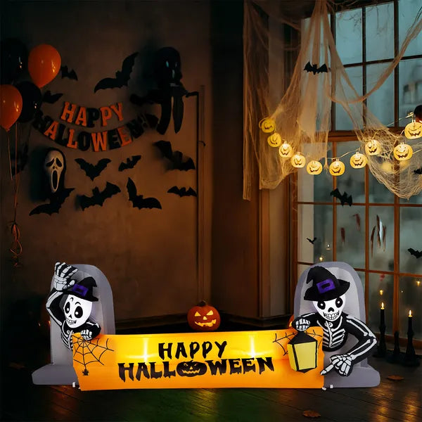 9.6FT Halloween Inflatable Skeleton Tombstone Banner, Built-in LED Lights Outdoor Yard Lawn Halloween Party Decor