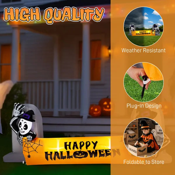 9.6FT Halloween Inflatable Skeleton Tombstone Banner, Built-in LED Lights Outdoor Yard Lawn Halloween Party Decor