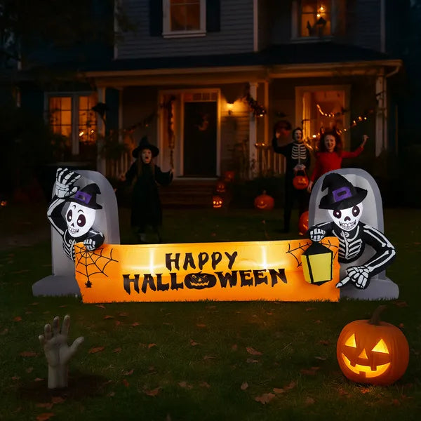 9.6FT Halloween Inflatable Skeleton Tombstone Banner, Built-in LED Lights Outdoor Yard Lawn Halloween Party Decor