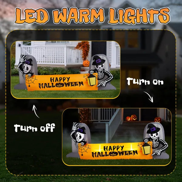 9.6FT Halloween Inflatable Skeleton Tombstone Banner, Built-in LED Lights Outdoor Yard Lawn Halloween Party Decor