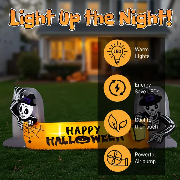 9.6FT Halloween Inflatable Skeleton Tombstone Banner, Built-in LED Lights Outdoor Yard Lawn Halloween Party Decor