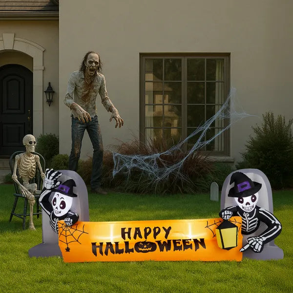 9.6FT Halloween Inflatable Skeleton Tombstone Banner, Built-in LED Lights Outdoor Yard Lawn Halloween Party Decor