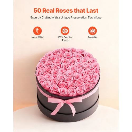 AEELLEEA 50 Real Preserved Pink Roses Round Gift Box, Forever Flowers with Ribbon for Valentine’s Day, Mother’s Day, Birthday Gift